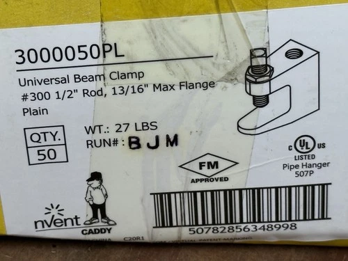 New box of 50 nVENT CADDY 3000050PL Beam Clamp, 1/2 IN Rod Size