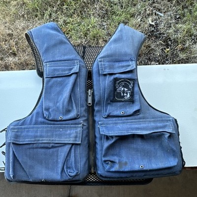Vintage Blue Adjustable Fishing Life Vest -Patch, Large Pockets, Mesh Fabric