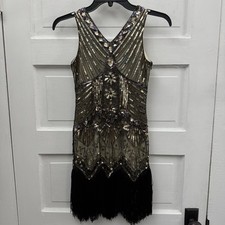 Sequin Fringe Flapper Dress AMJM Women XS Gold Black Art Deco