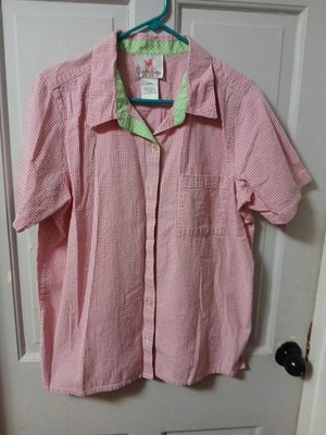 Quacker Factory Women s Red & White SS Waffle Knit Button Up Top Sz L