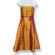Vintage Y2K Strapless Dress Iridescent Red Gold Ribbon Bow Tie Belt Small A-Line