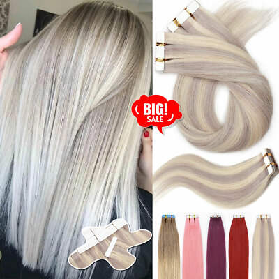 US 60PCS Indian Tape In Remy Human Hair Extensions Skin Weft Full Head Highlight