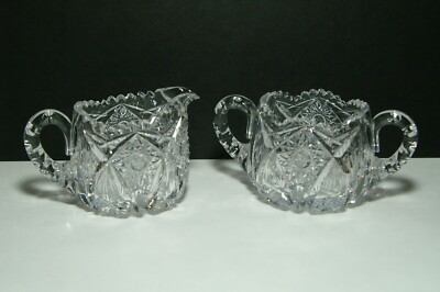 American Brilliant Period ABP Crystal Creamer and Sugar Bowl Detailed Etched EUC