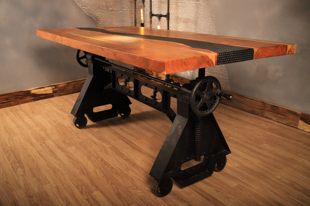 Crank Dining Table Mechanical Industrial Style Live Edge Top Steampunk Table