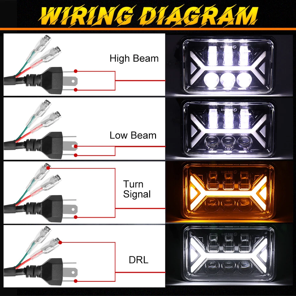 For 1981-1989 Lincoln Town Car 4PCS 4x6"LED Headlights Hi/Lo Beam Turn Light DRL - Image 4 of 4