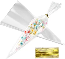 100 PCS Cone Shaped Treat Bags, Clear Popcorn Bags Bulk, Cellophane Treat Bags w