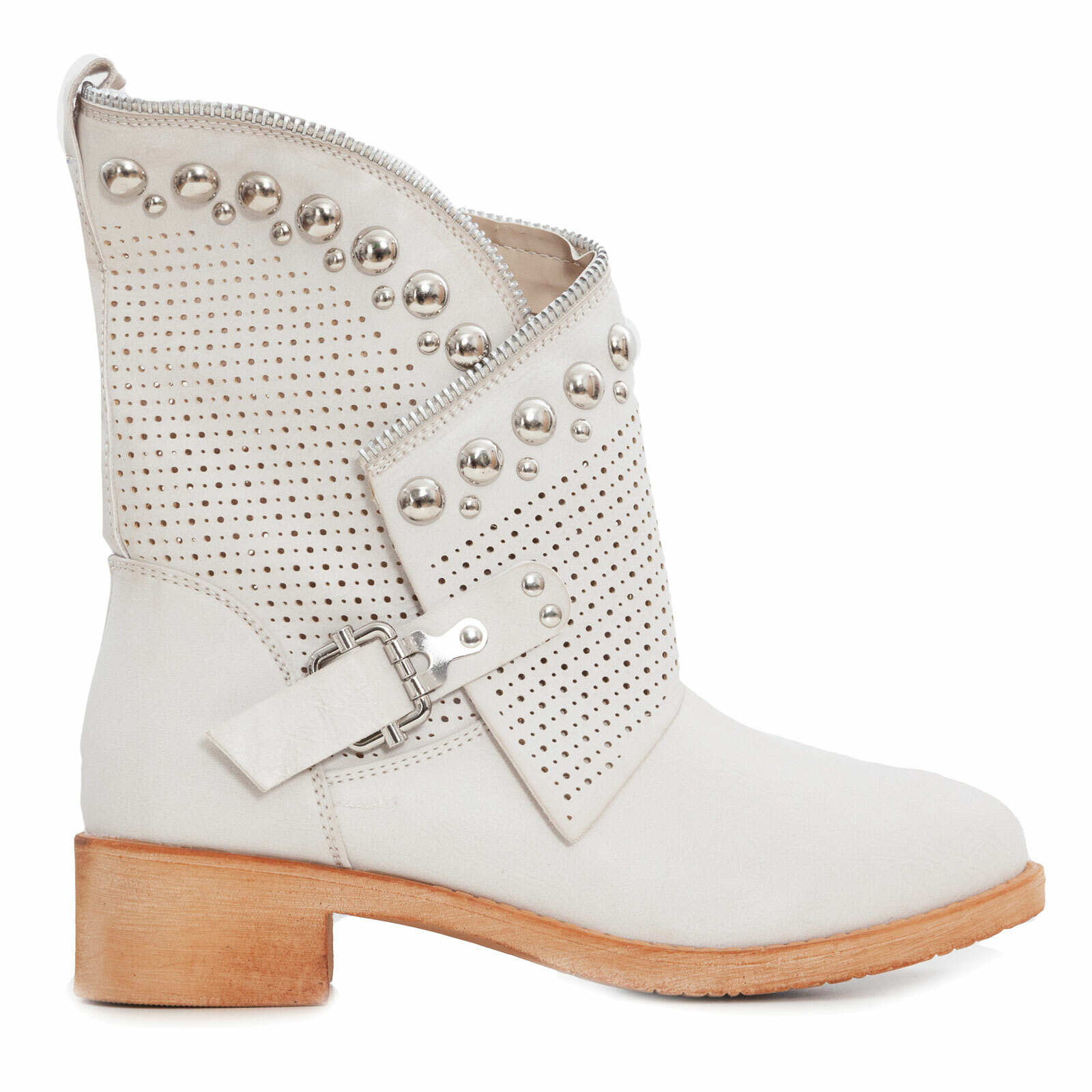 Bottines Biker Femme - Cuir Synthétique Perforé à Clous - Talon Bas - Fermeture éclair - Neuves Avec Emballage