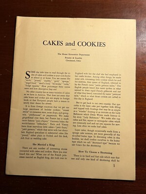 Cakes and Cookies Procter and Gamble Home Economics Dept Vtg Booklet