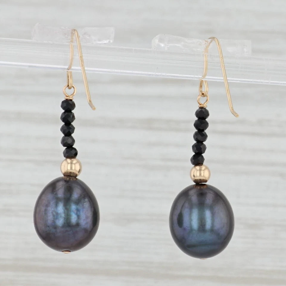 Cultured Black Pearl Cubic Zirconia Earrings 14k Yellow Gold Hook Posts Dangles - Image 3 of 4
