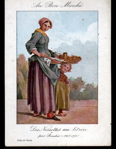 Grande Chromo Ancienne Au Bon Marché - Personnage Moineau Au Panier Fleuri, France