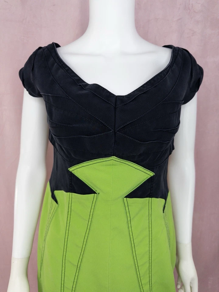 Zac Posen Womens 100% Silk Green Black Dress Size 10 Cap Sleeve Sheath Cocktail - Image 3 of 4