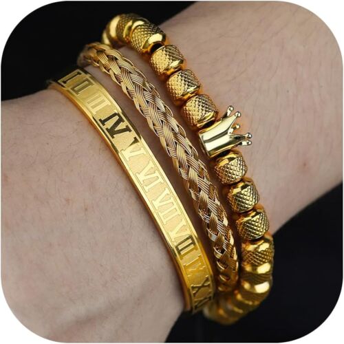 Luxury Stainless Steel Crown Bracelets Men Gold Roman Numeral Bangle Bracelet US - Afbeelding 1 van 211