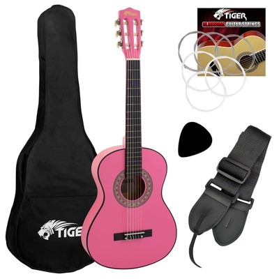 Tiger 3/4 Größe Kinder Konzertgitarre Pack mit Gigbag, Gurt & Plektren - Pink