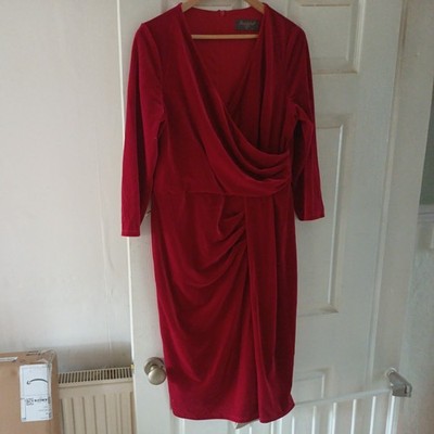 BOMBSHELL Dress Womens UK18 Red Midi Stretch Velvet 3/4 Sleeve Wrap Ruched Lined