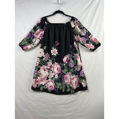 Mi Ami Mini Dress Women L Black Floral Off Shoulder 3/4 Sleeve Alisha Francescas