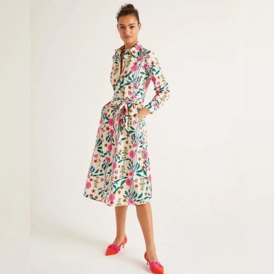 Boden Isadora Shirt Dress US 12 Floral Midi 100% Cotton Garden Pink Green Long