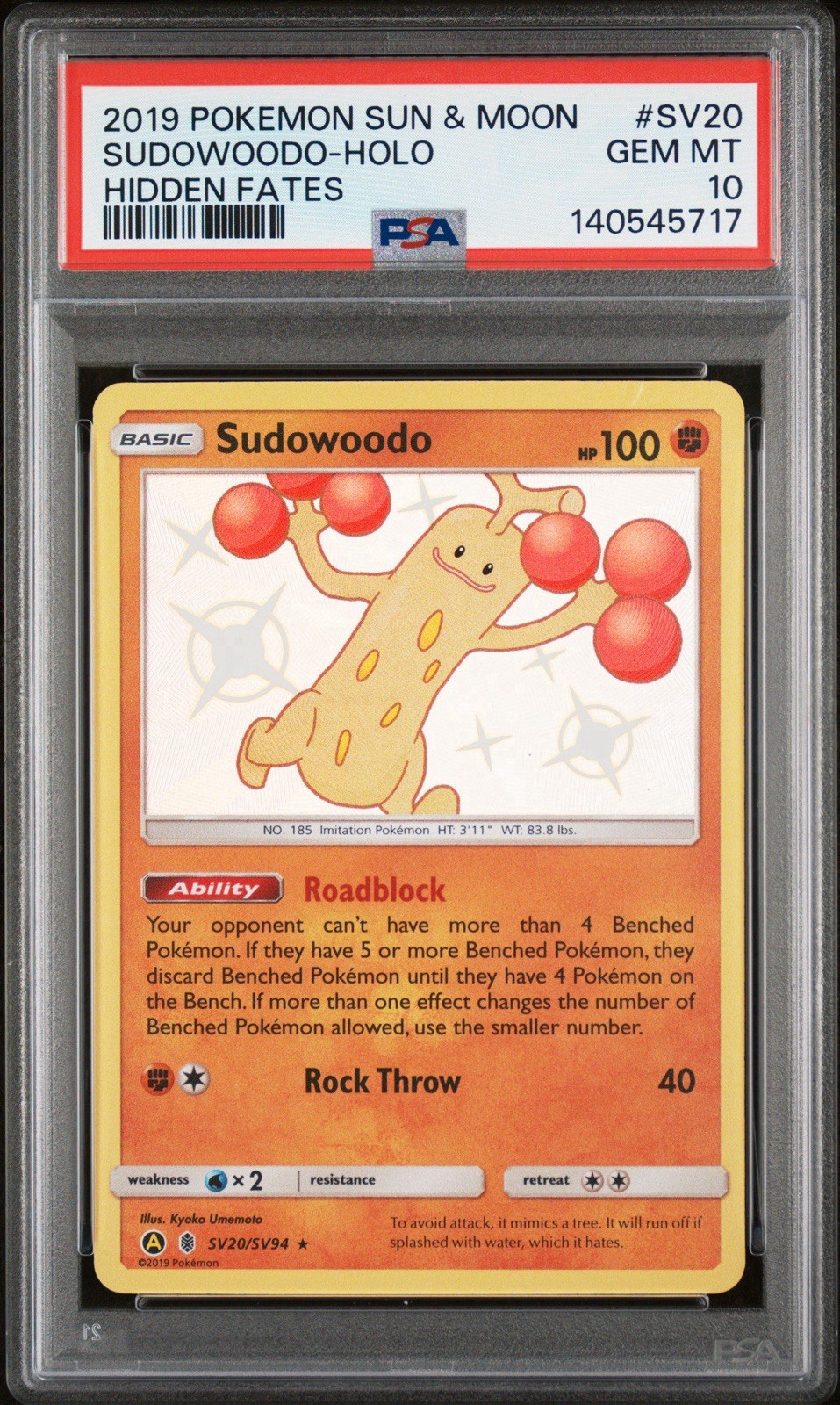 shiny sudowoodo pokemon card Shiny Sudowoodo Ultra Rare Hidden Fates SV20/SV94, NM Pokemon Card main image 0