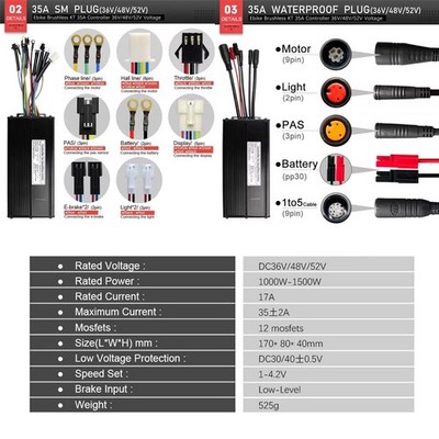 EBike 36V/48V/52V KT 35A Sine Wave Controller WP/SM For 1500W Brushless Motor