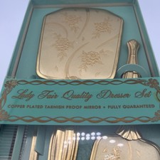 Lady Fair Quality Dresser Set NOS Gold Mirror Brush Comb Atomic Harlequin Box