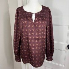 Blusa Ecuestre Talbots M Estampado Caballo Novedad Boho Campesina Calada Sedosa