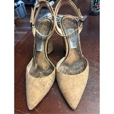Jimmy Choo block heel beige cork upper Mickey pointed toe cloth high heel 38