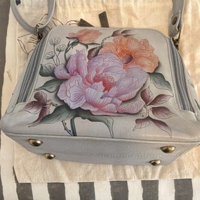 Anuschka Floral Painted Gray Pink Shoulder Bag with Original Dust Bag