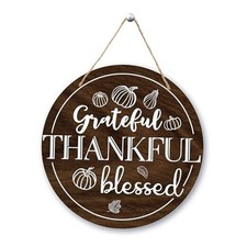 Welcome Fall Door Sign, Grateful Thankful Blessed Front Door Decor, Autumn