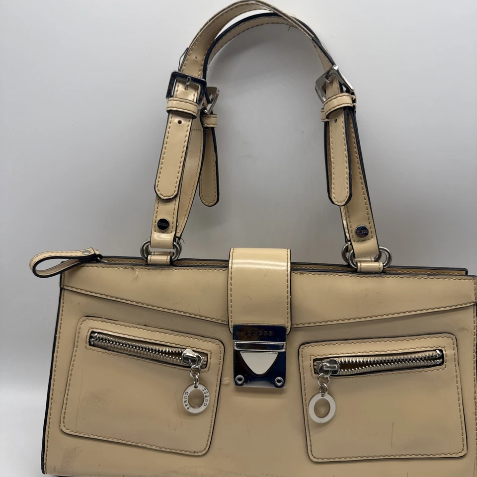 De Colección Guess Cartera Mujer Bolso de Mano Cuero Tostado Charol Mango Superior Hebilla Y2K Foto 2 de 4
