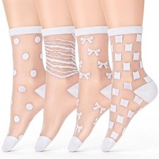 4 Pairs Sheer Ankle Socks Women, Ruffle Ankle Socks for Women Striped White