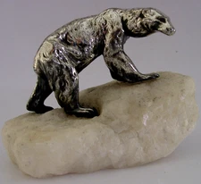 SUPERBO ANIMALE ORSO POLARE PLACCATO ARGENTO su CRISTALLO ANTICO c1910 ART DECO ANTICO