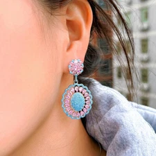 Silver Plated Blue Turquoise Pink Zircon Flower Long Dangle Drop Earrings Women