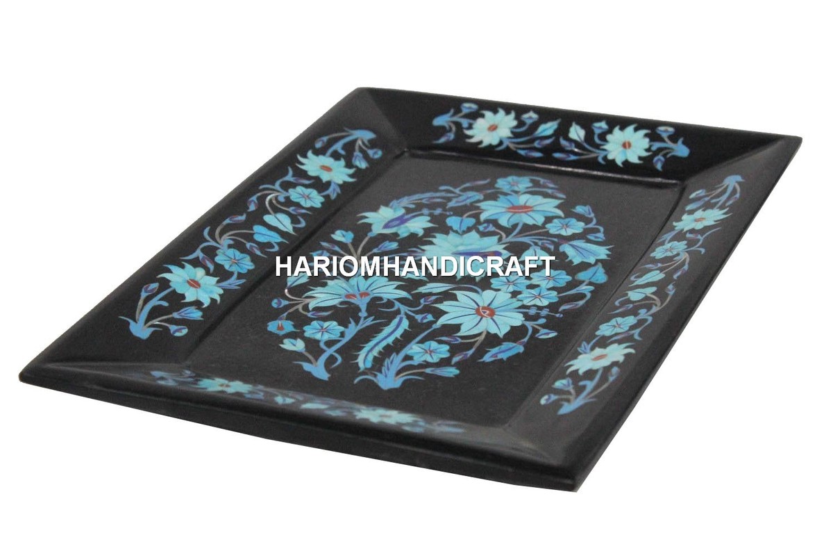 Plateau De Service Marbre Turquoise 9x12 Pouces - Marqueterie Floral - Décoratif Inde - Agra Heritage