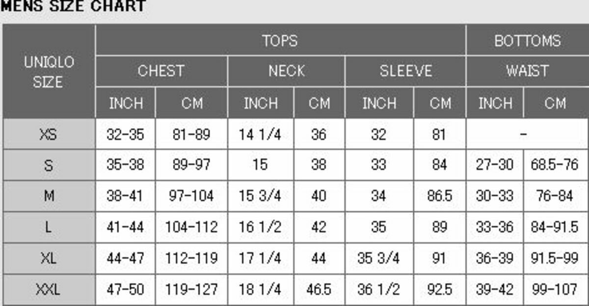 Uniqlo Size Chart Mens