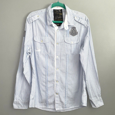 River Island Blue White Striped Patches Button Down Shirt L/S Men's Size Medium