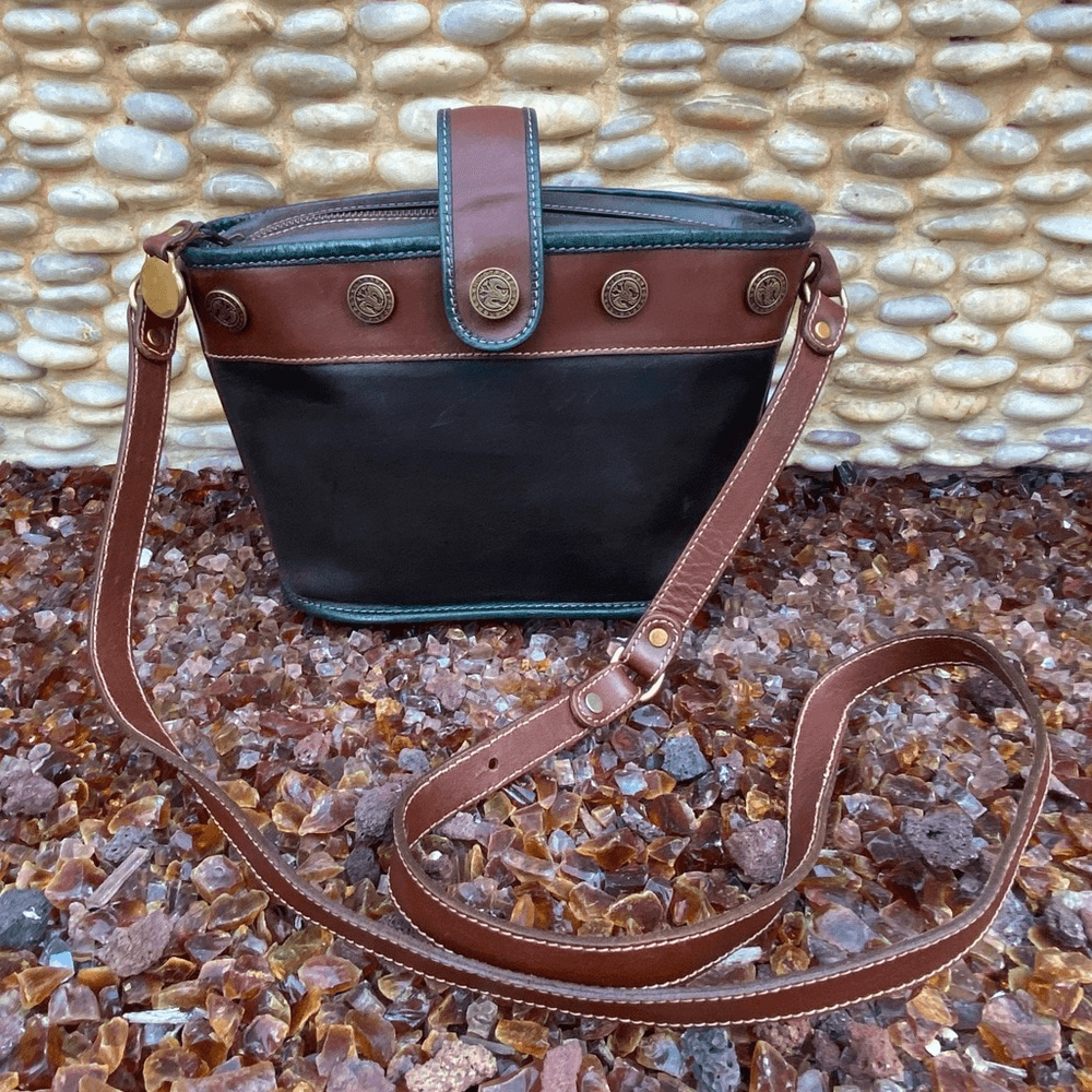Vintage Brahmin Navy/Green/Brown Leather Shoulder/Crossbody Oval