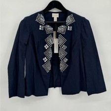 Chicos Sz 0 Open-Front Jacket Blue Jeweled Linen/Cotton 3/4 Sleeve Blazer Lined