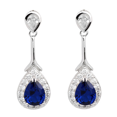 Women 925 Sterling Silver Drop Earrings with Pear Cut Dark Blue Stone