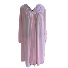 Shadowline Robe House Coat Vintage Gown M Medium Pink Nylon Embroidered Long