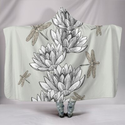 Seamless Pattern Water Lotus Dragonfly Sherpa And Microfiber Blanket With  Hood