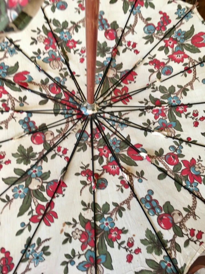 Guarda-sol vitoriano raro vintage/antigo 1920/30 estampa floral guarda-chuva com estojo - Imagem 3 de 4