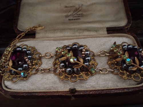 Vintage Bracelet Amethyst & Peridot Crystal & Haskell Gold leaves, Adjustable - Picture 6 of 7