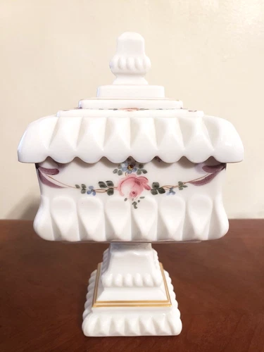 Vintage Westmoreland Milk Glass Hand Painted Lidded Pedestal Candy Dish