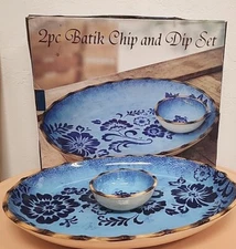 Stone Lite 2pc Batik Chip And  dip Dip Set Blue  18"Platter, 5.5" Serving Bowl