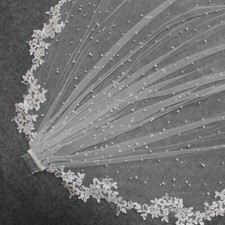 Long Bridal Wedding Veils Pearls Tulle Cathedral With Comb White Ivory Edge Lace