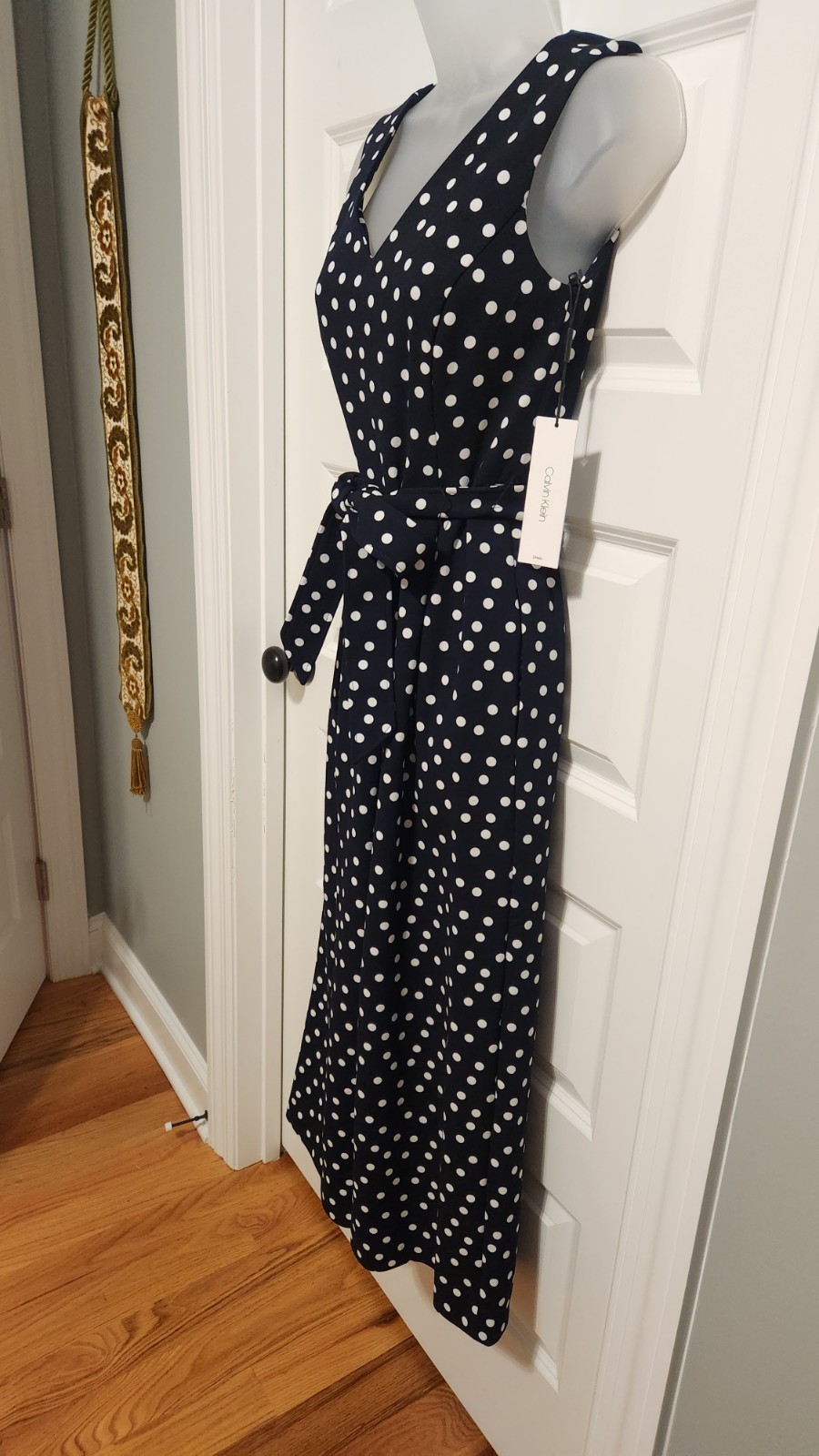 NWT Calvin Klein Women's Navy Polka Dot Jumpsuit Size 0 XS Wide Leg Cropped thumbnail 11