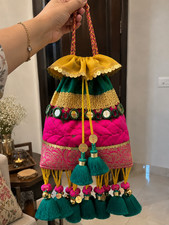 Multicolor Potli Bag with Tassels, Pink Green Indian Wedding Purse, Mirror Work