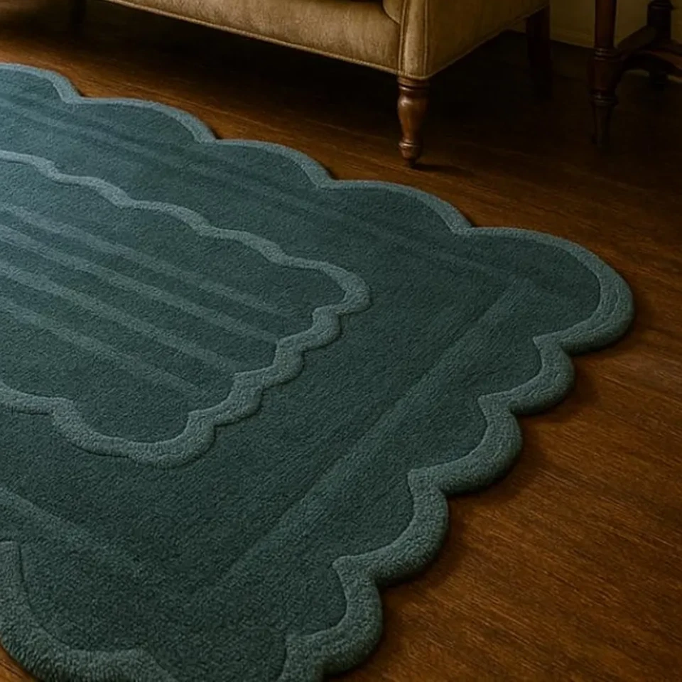 Hand Tufted Wool Rug: Scalloped Edge Vintage Style - Custom Size - Image 3 of 4