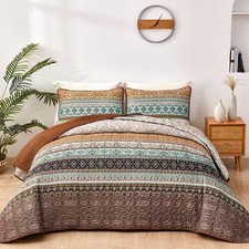 Boho Fall California King Quilt Set, Brown Striped Microfiber Bedspread 3PC