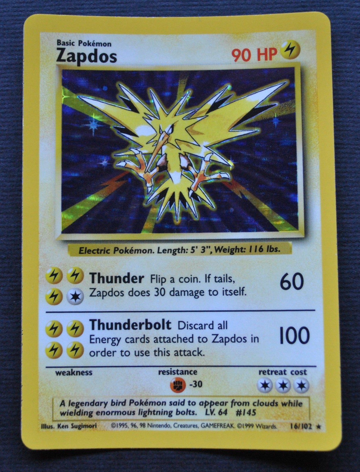 Zapdos #16 / 102 Base Set Holo - LP - Pokemon 1999 TCG WOTC Vintage