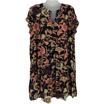 Roller Rabbit Sz XL Brown Floral Pamela Taos Tiered V Neck Mini Dress Bohemian